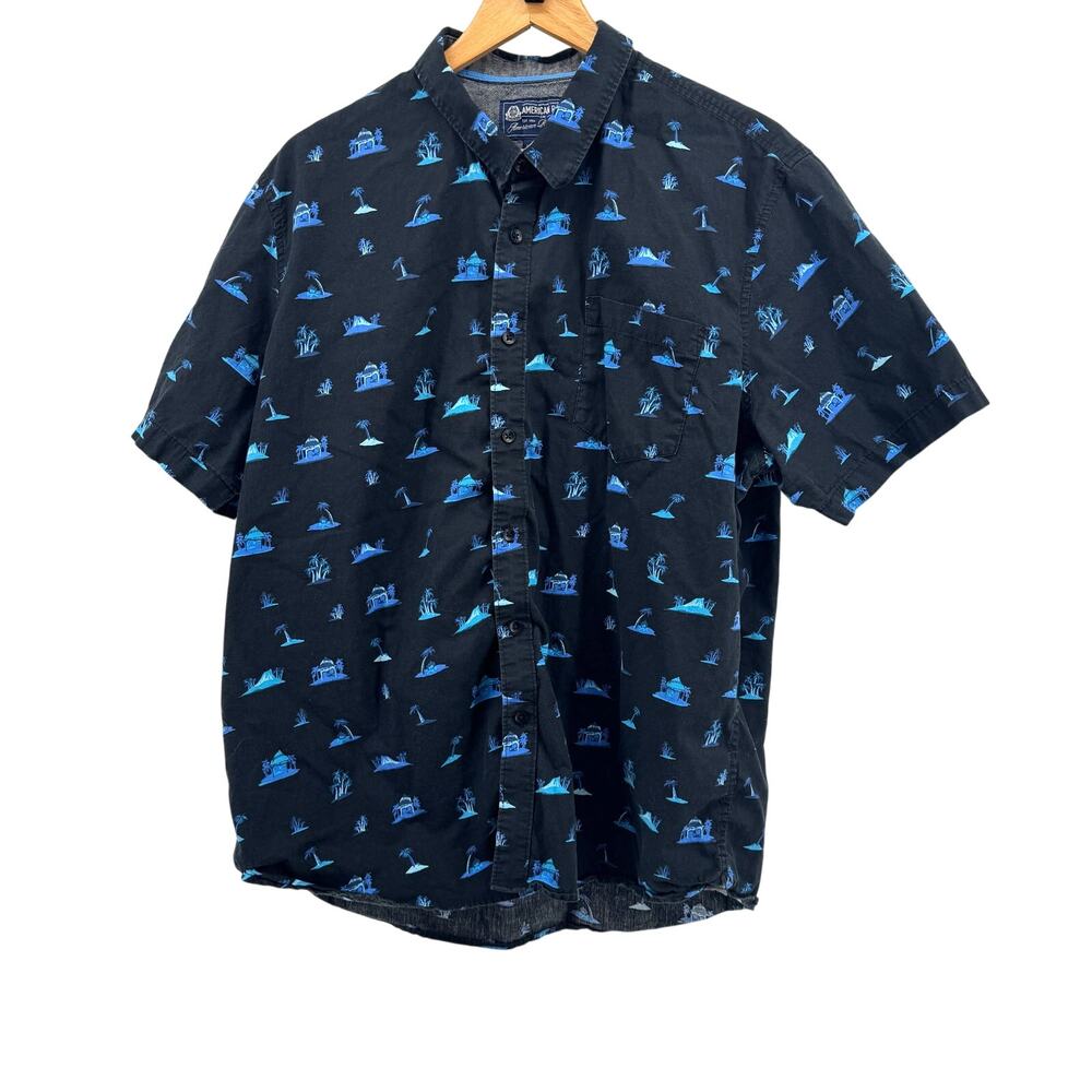 American Rag Hawaiian Men's Button Down Short Sleeve Cotton Black Blue Shirt-XXL